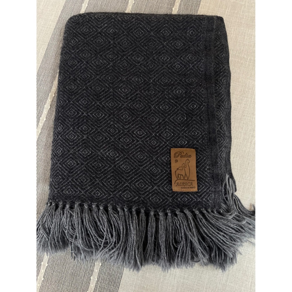 Pedsa Alpaca Throw Blanket Unisex OS Charcoal Gray 72/52 Diamond Fringe Peru